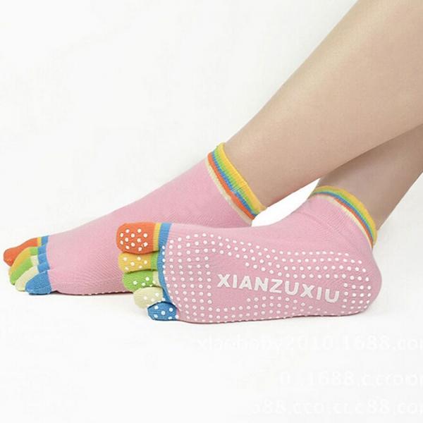 Yoga Practice Five-toes Anti-slip Granules Cotton Socks - Pink