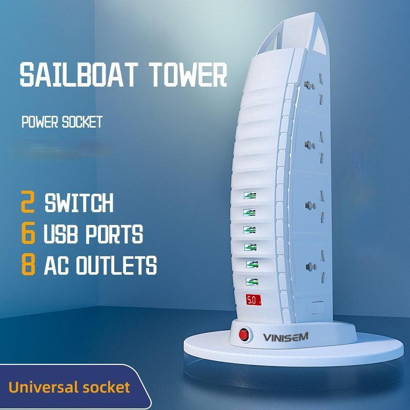 Creative Sailing Universal Socket British Standard 6USB Vertical Socket Desktop Office Dormitory Multi-function Cable Plug Board